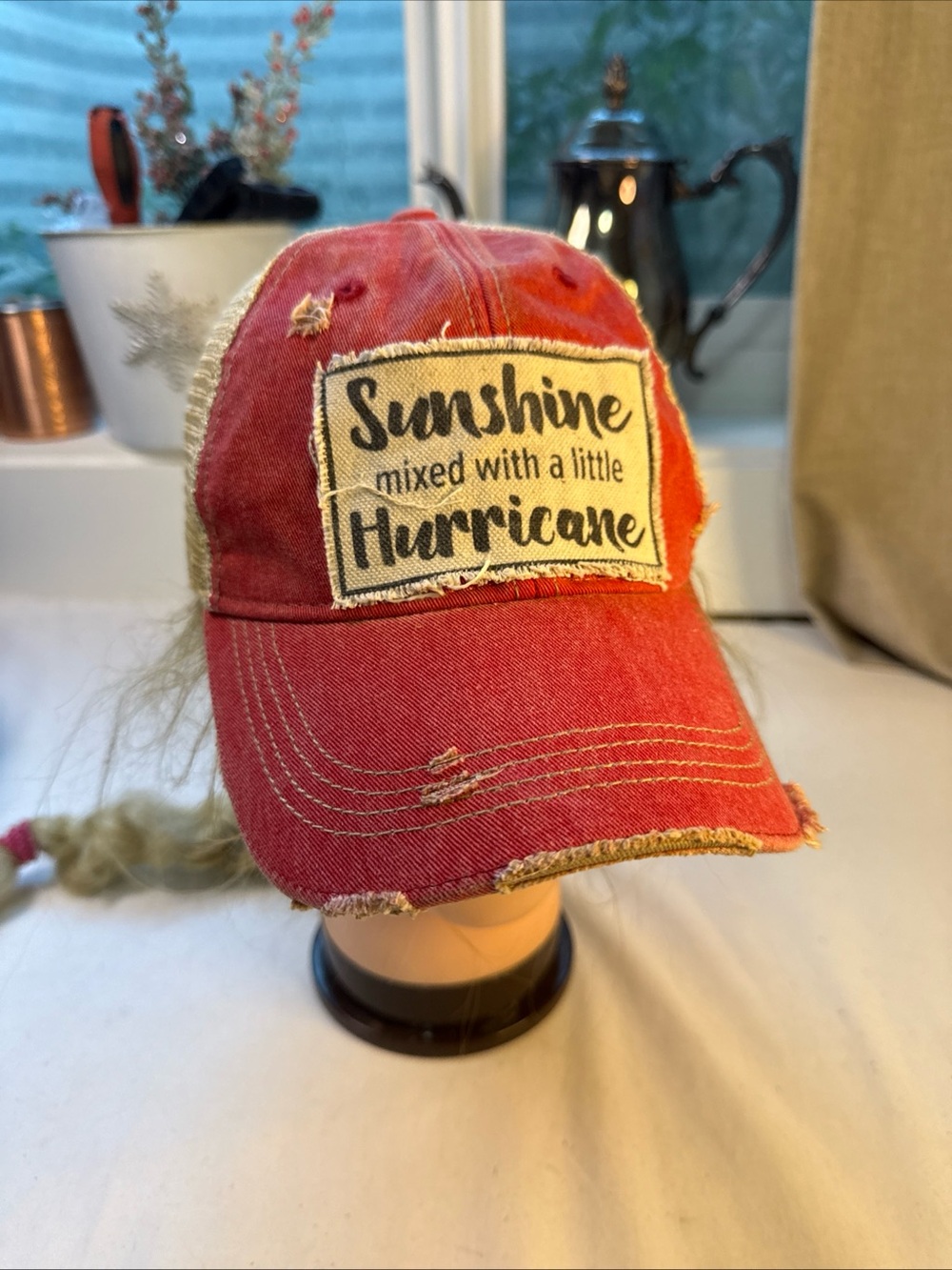 Distressed Red 'Sunshine Mixed with a Little Hurricane' Baseball Cap